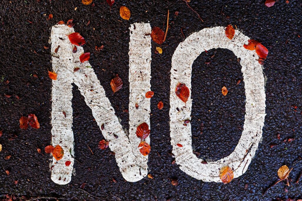 The word no painted on the ground in white with red leaves scattered about.