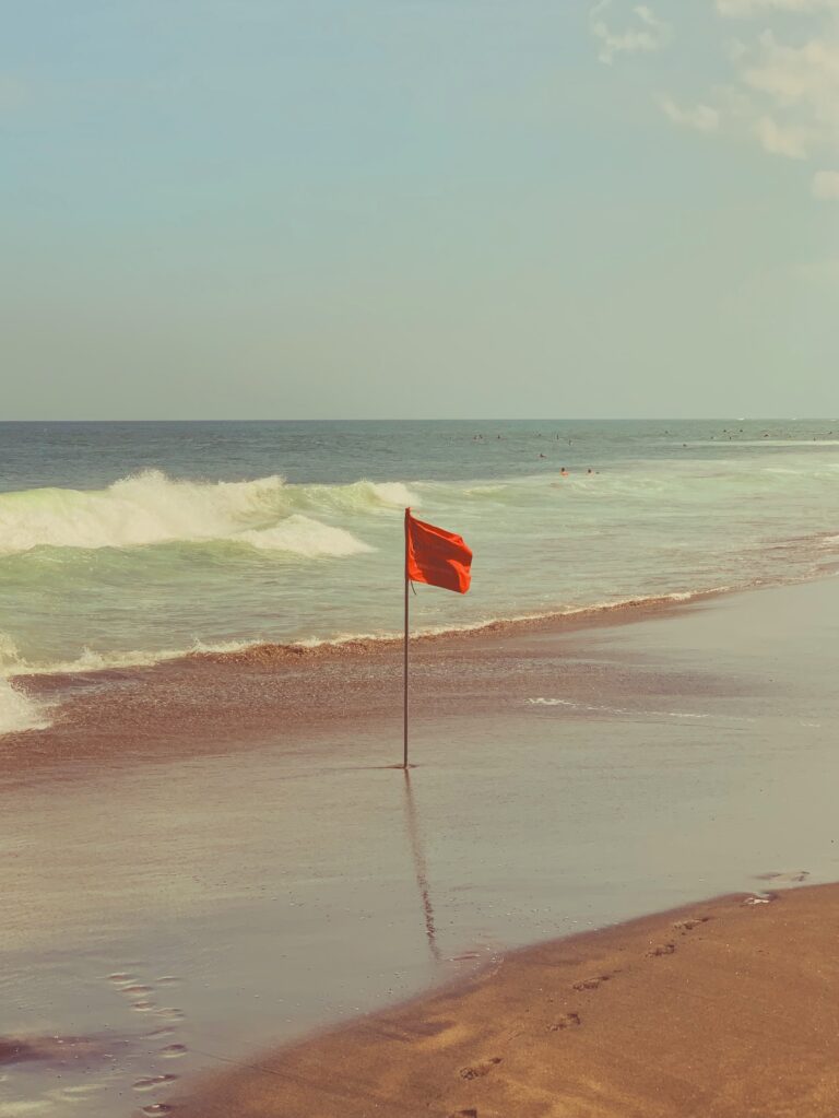 Red flag stuck in the sand on a beach, ocean waves in the background